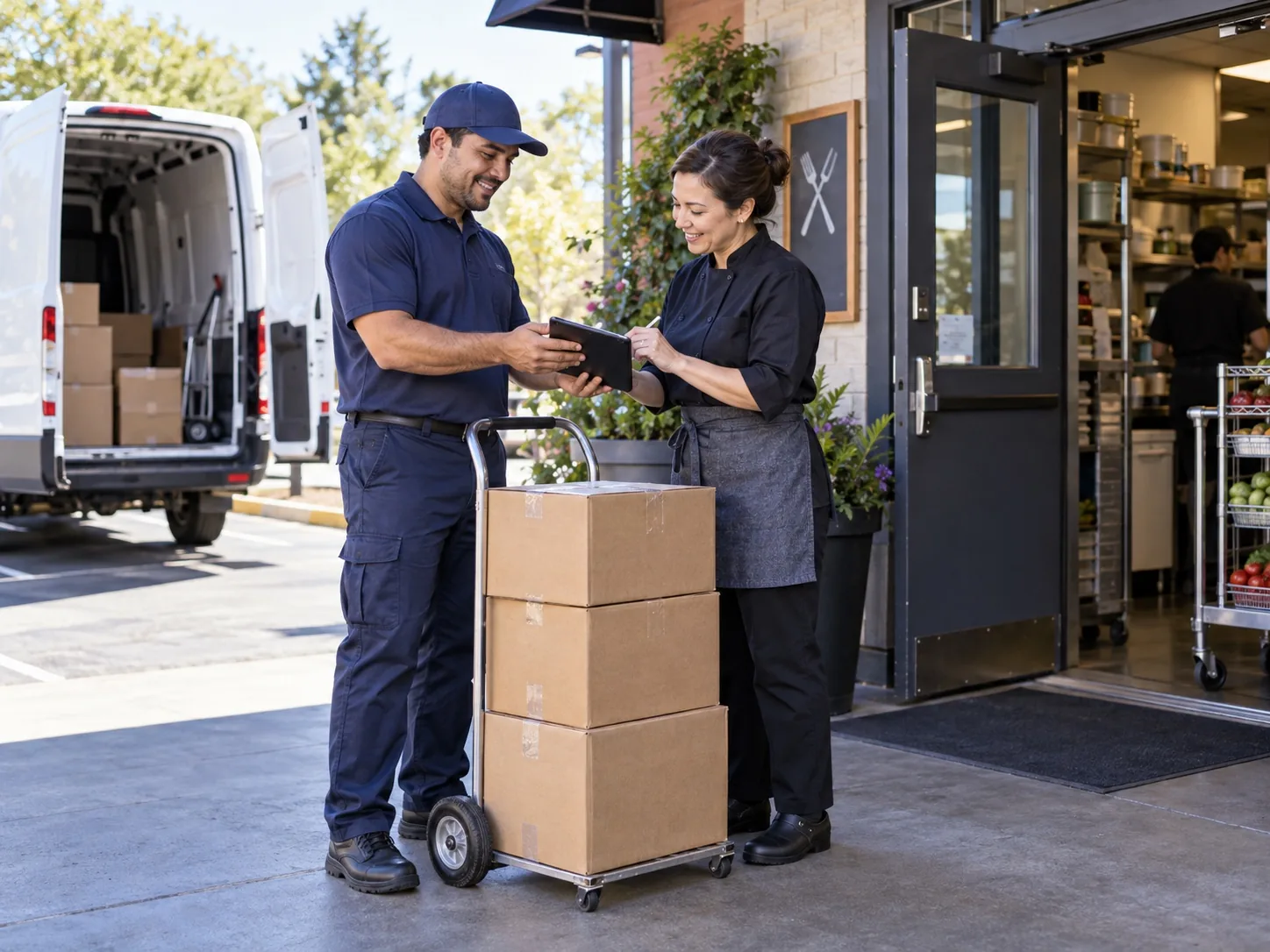 Wholesale route driver and business customer confirming a delivery with a tablet