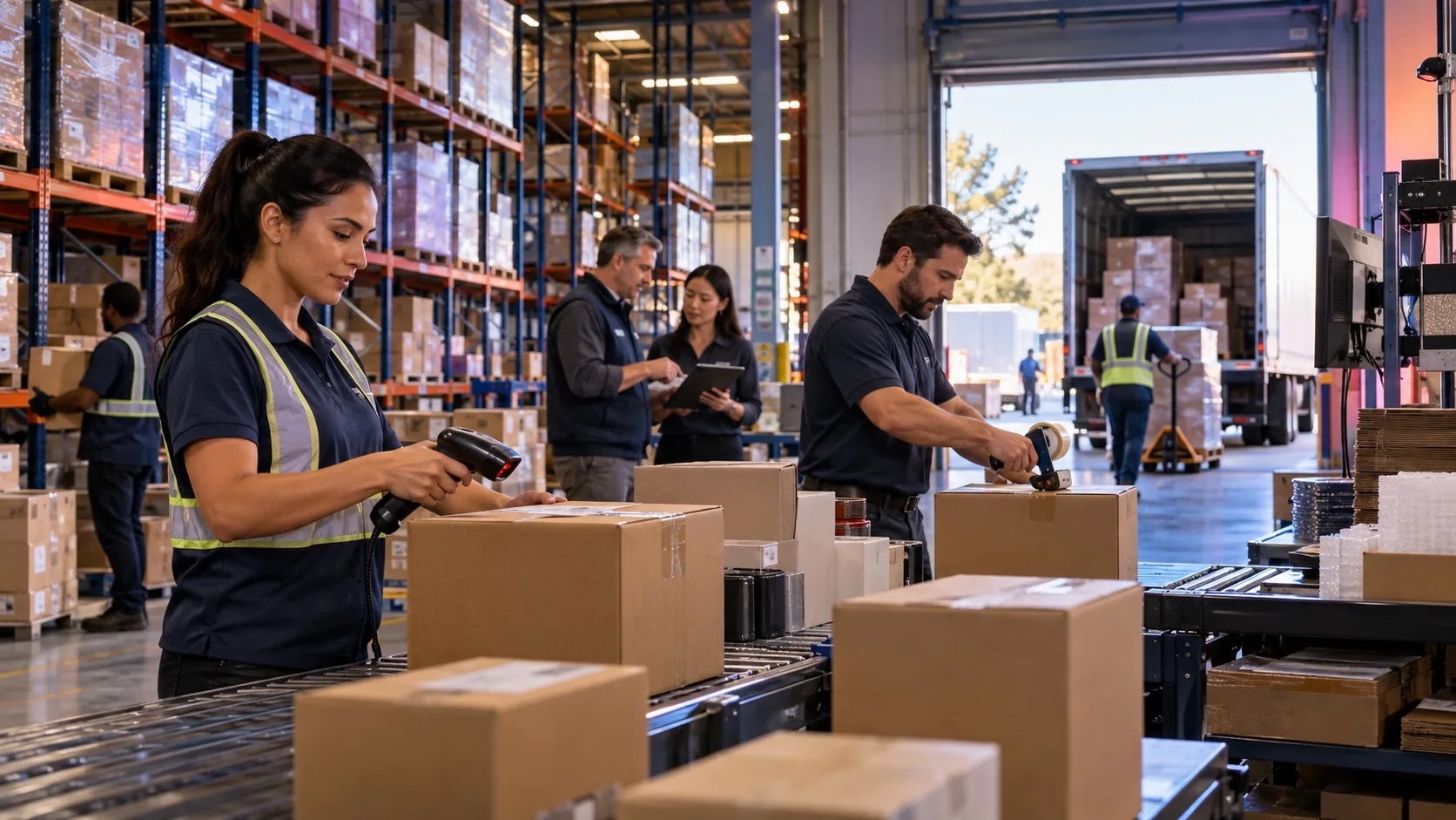 Wholesale distribution team scanning, packing and coordinating business orders in a modern warehouse